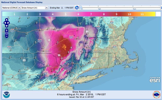 Snow forecast for Friday March 2 2018 1pm