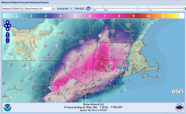 Snow forecast for NY-NE March 7 7pm, 2018