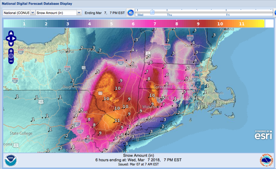Snowfall forecast for March 7 2018, 7pm