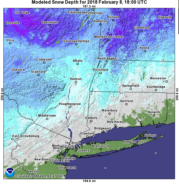 Snow depth NY Hudson valley, Catskills, Berkshires March 6 2018