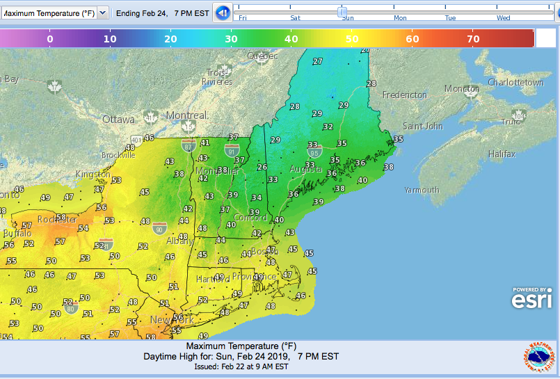 Max temps forecast across northeast US Feb. 24