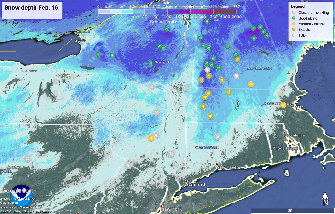 Snow depth in northeast US February 16