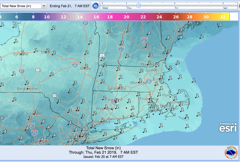Total new snow forecast as of Feb. 21 7am