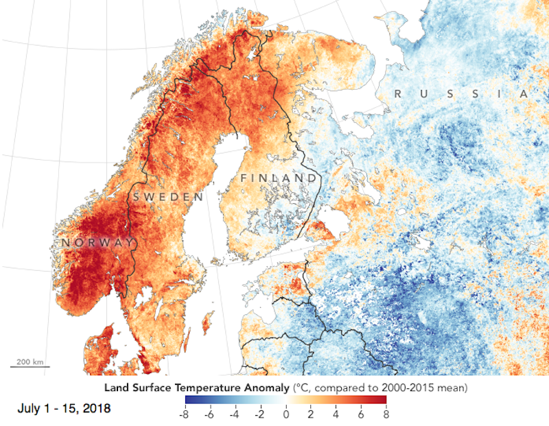 NASA Earth Observatory Scandinavia ground temp July 2018