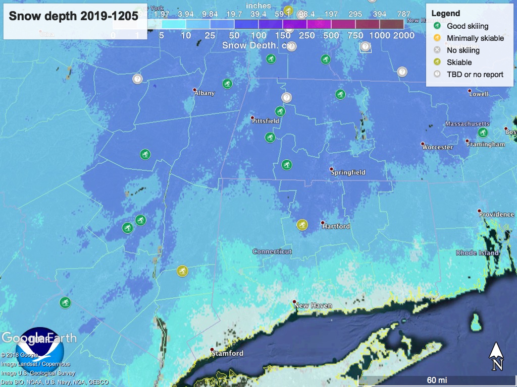 Snow depth 2019-1205 and ski touring centers within daytrip distance of NYC