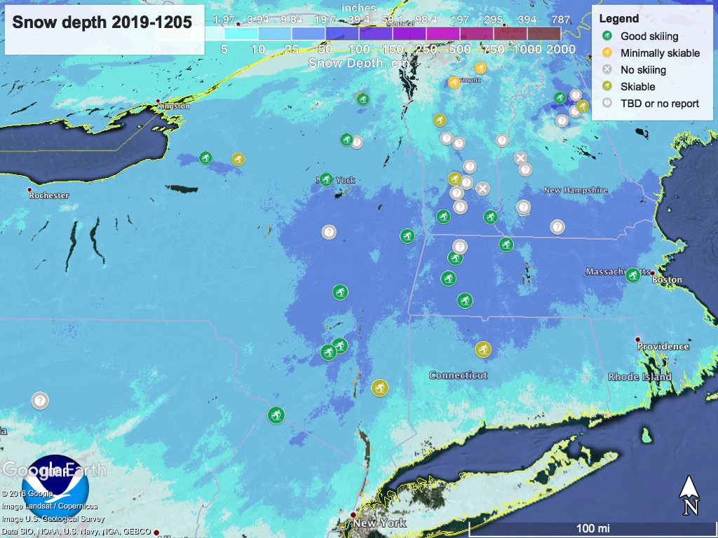Snow depth in northeast US 2019-1205, with ski touring centers marked