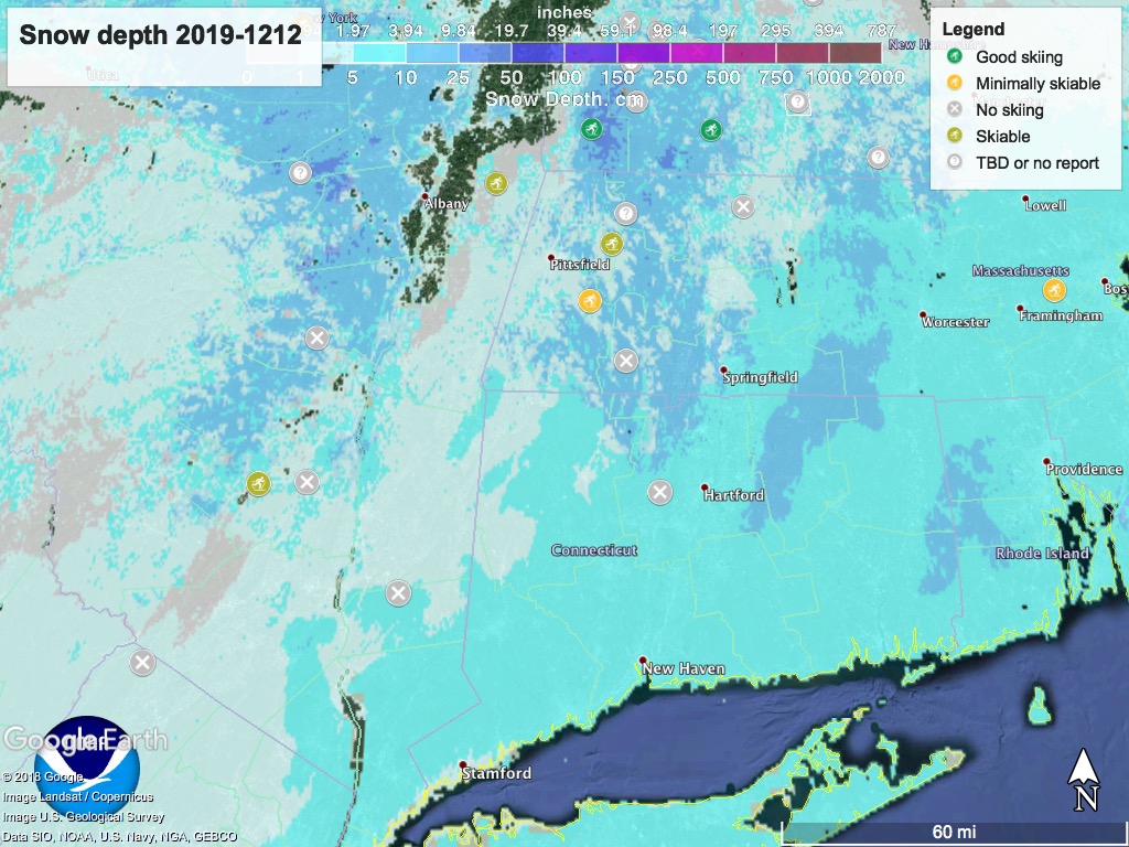 Snow depth and ski touring centers in daytrip distance, Dec. 12