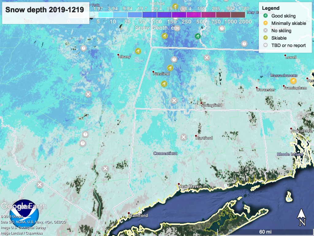 Snow depth and ski touring centers in daytrip distance from NYC, 2019-1219