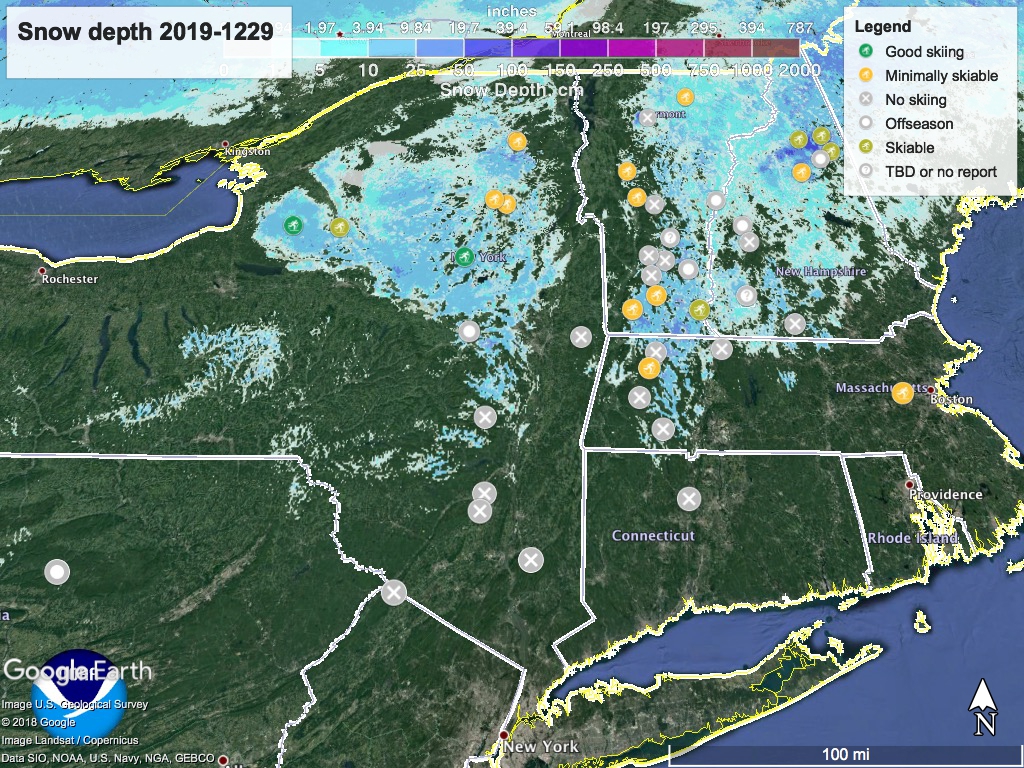 Snow depth map of northeast US, 2019-1229, with ski centers mapped