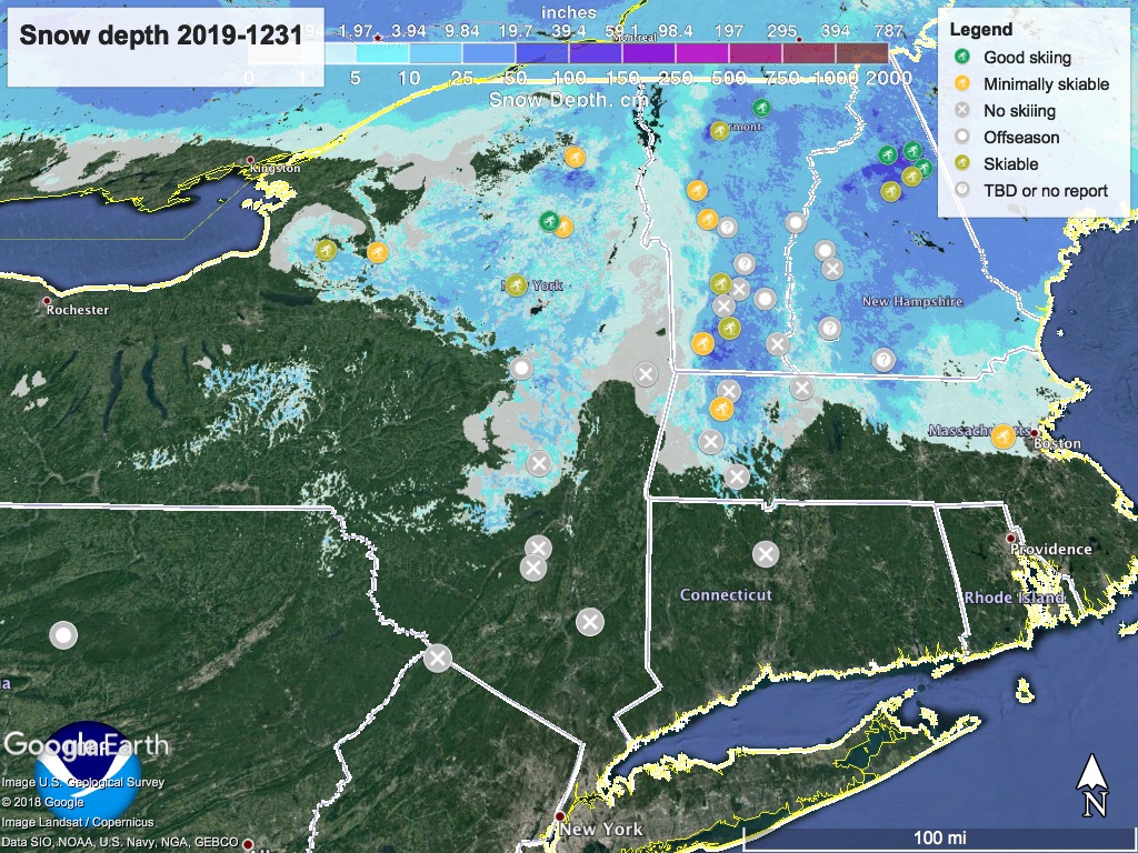 Snow depth northeast US 2019-1231, with ski touring centers
