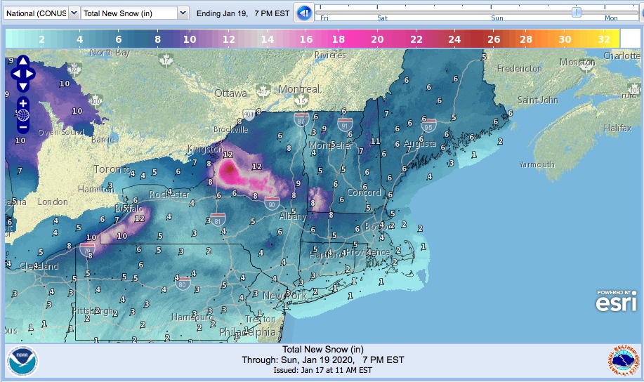 Total new snow forecast by 7pm 2020-0119 (NWS)