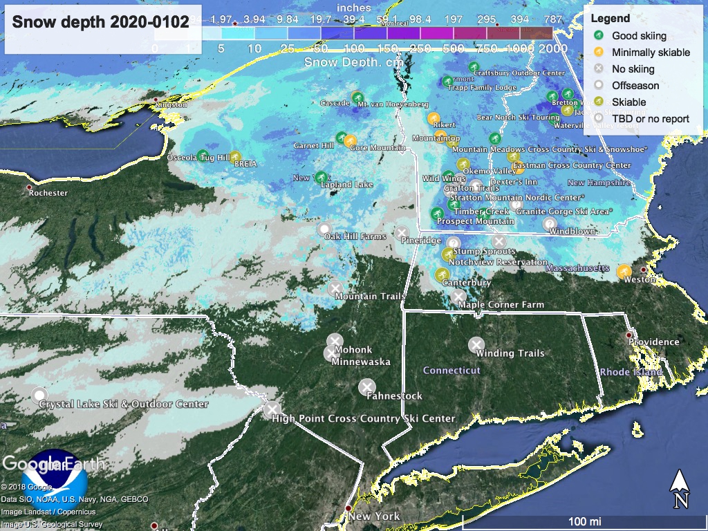 Snow depth northeast US 2020-0102, with touring centers