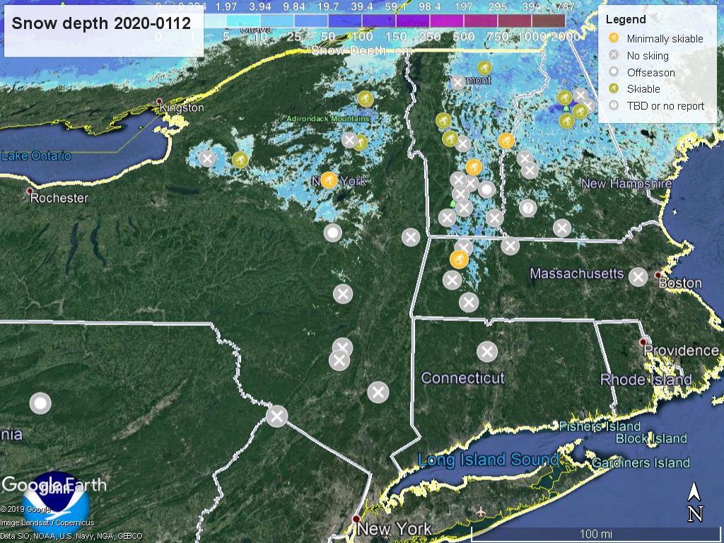 Snow depth, northeast US 2020-0112 with touring centers marked