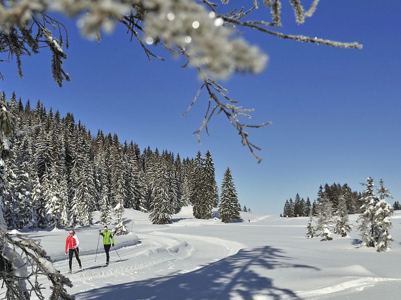 Cross-country skiers on trail at Hemmersuppenalm