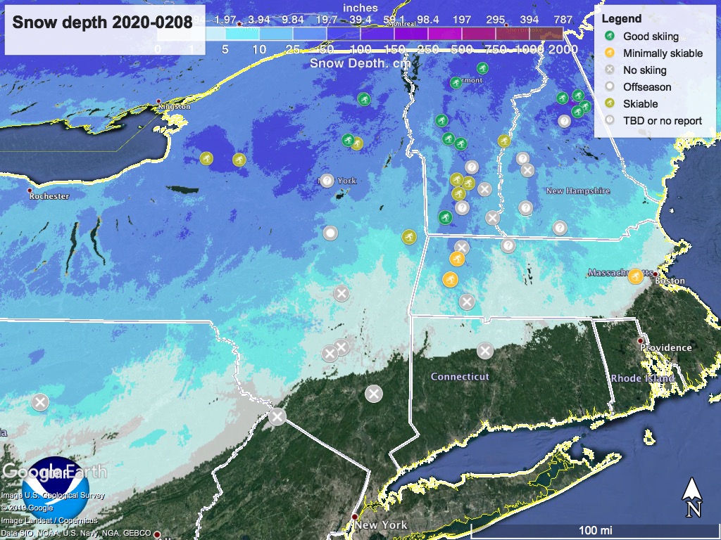 Snow depth northeast US, 2020-0208, with touring centers marked