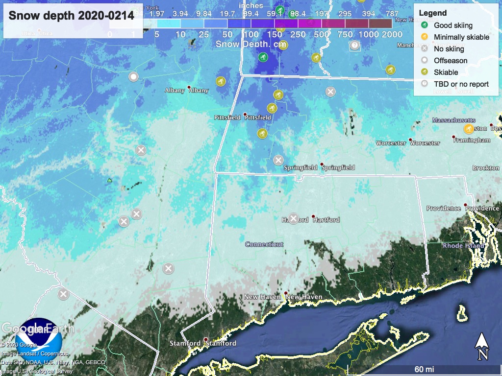 Snow depth and ski areas within daytrip or early start daytrip distance, Feb. 14