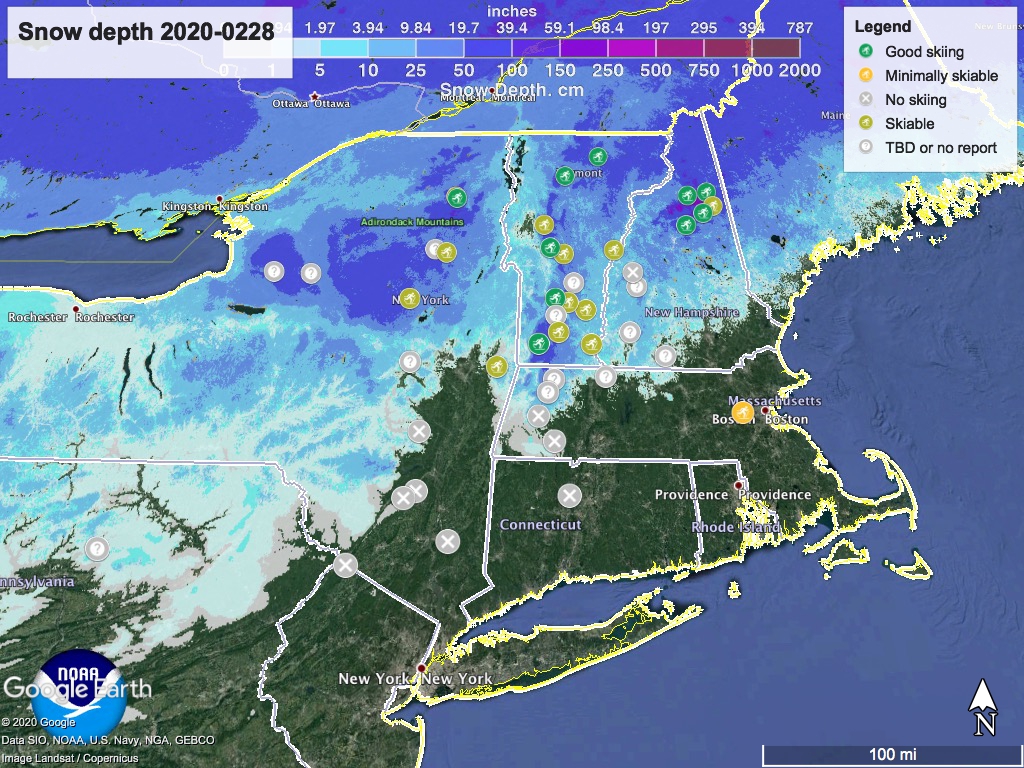 Snow depth northeast US, 2020-0228 with ski centers marked