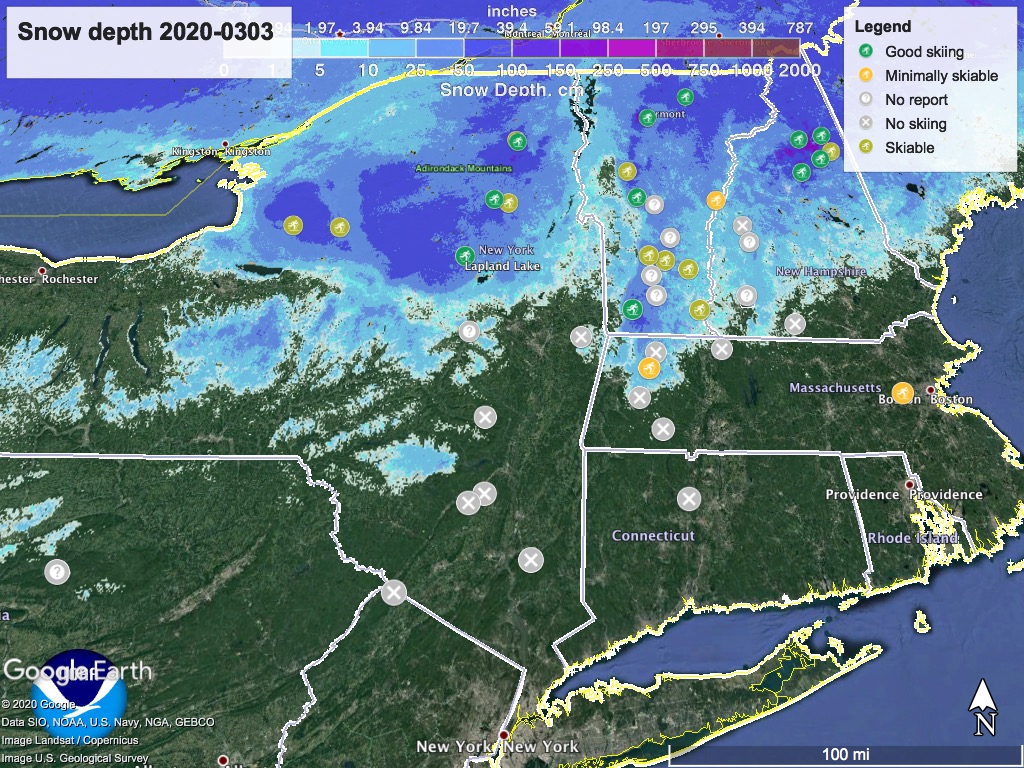 Snow depth northeast US 2020-0303 with ski centers marked