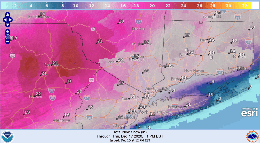 Total new snow forecast by December 17 2020, 1pm