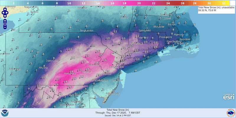 Total new snow forecast for Dec. 17 2020, 7am