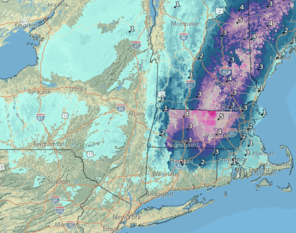 Snowfall forecast for northeast US, Saturday December 5 at 7pm