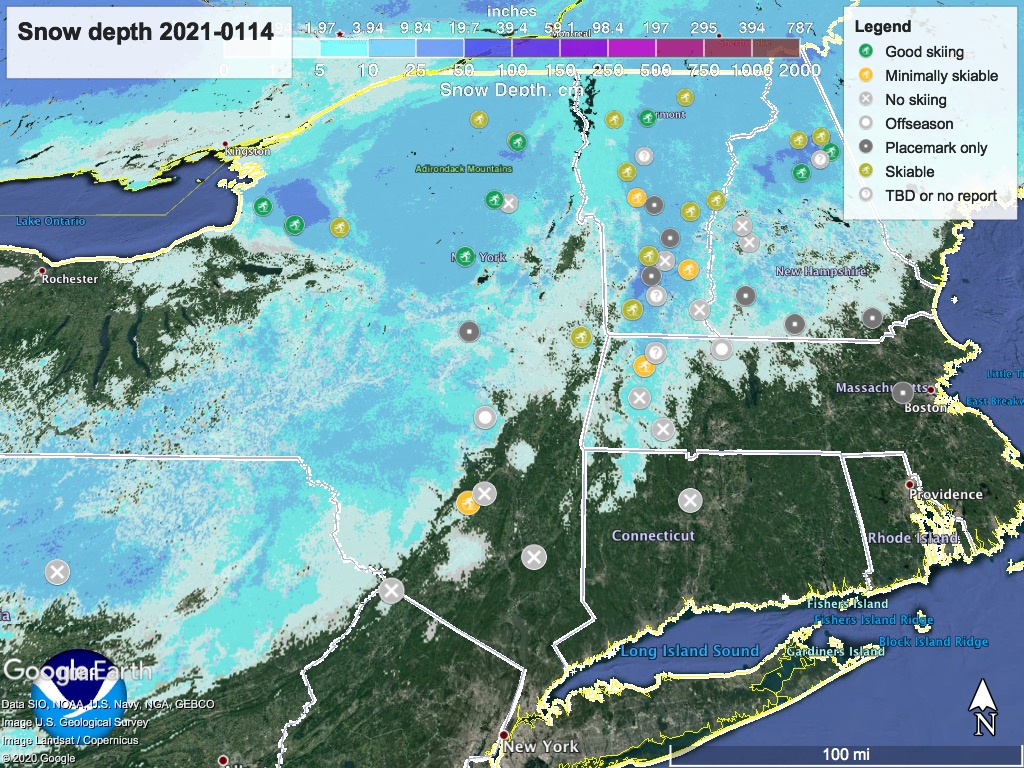 ow depth northeast US, Jan. 14 2021 (NWS) , with ski centers marked