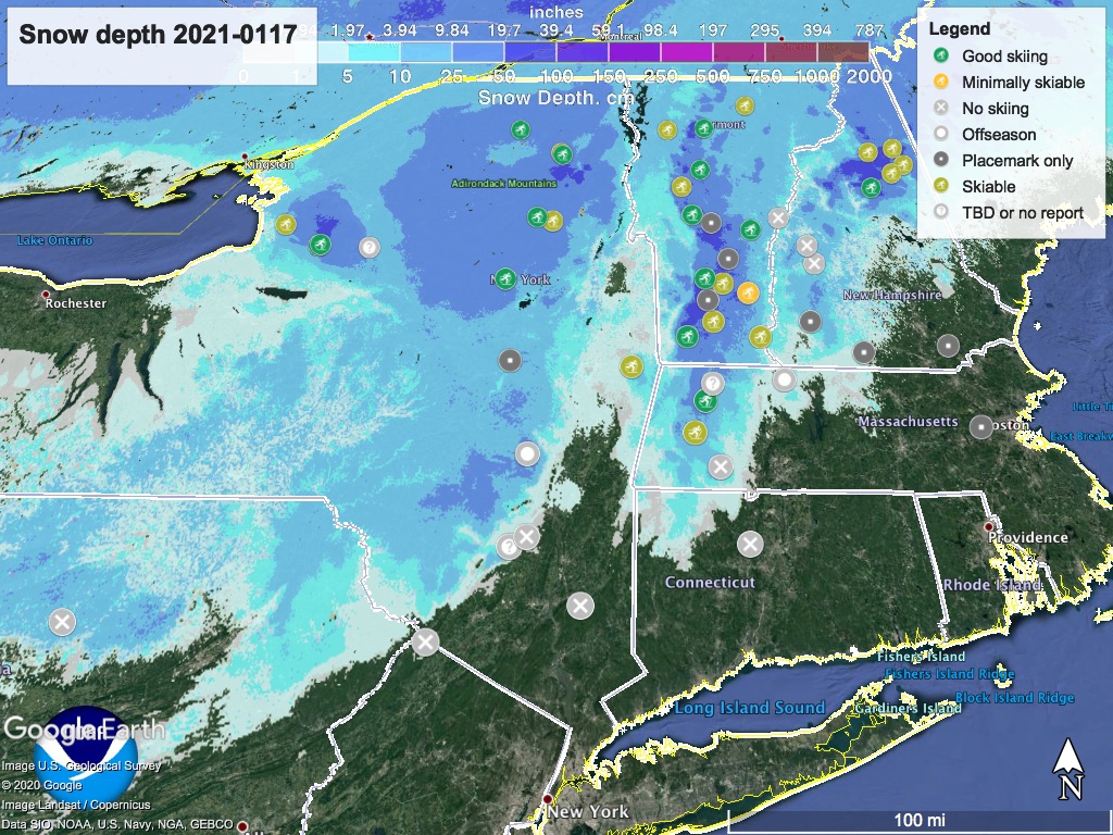 Snow depth northeast US, Jan. 17 2021 (NWS) , with ski centers marked