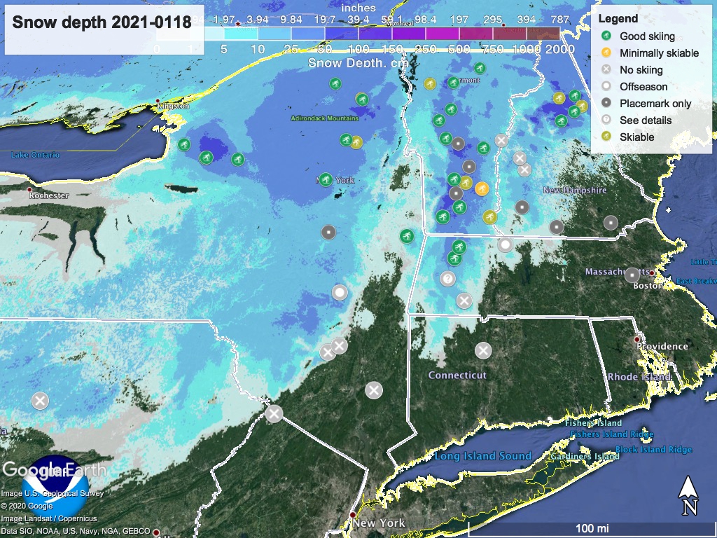 Snow depth northeast US, Jan. 18 2021, with ski centers marked