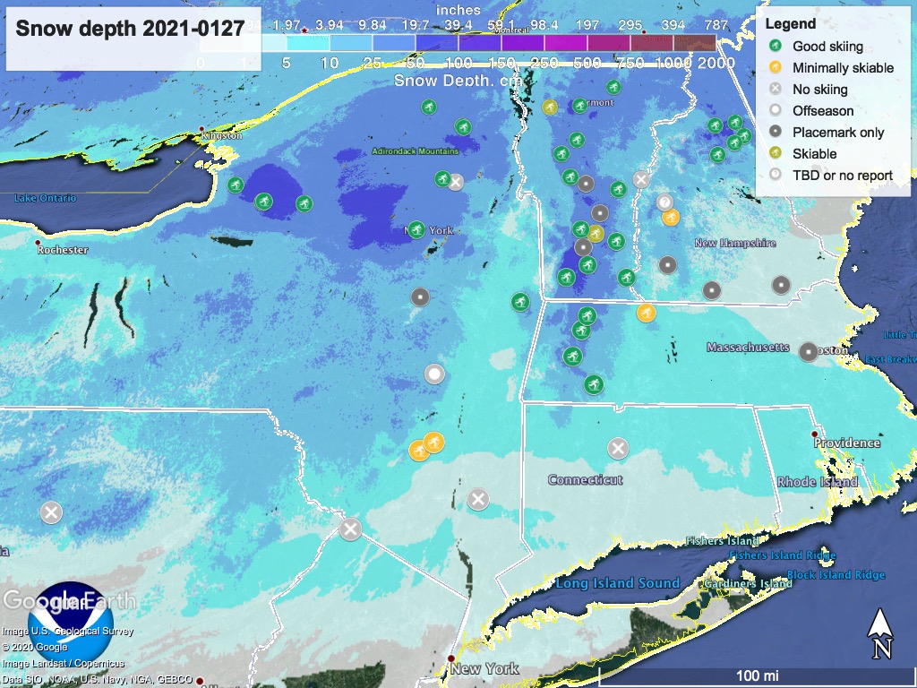 Snow depth northeast US, Jan. 27 2021 (NWS) , with ski centers marked