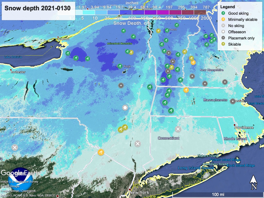 Snow depth northeast US, Jan. 30 2021