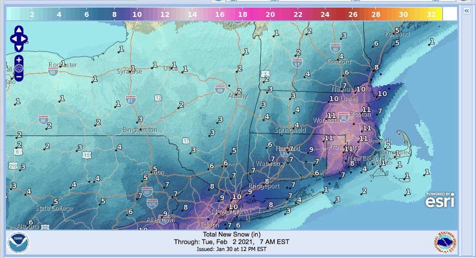 Total new snow forecast graphic for northeast US, Feb. 2 2021, 7am
