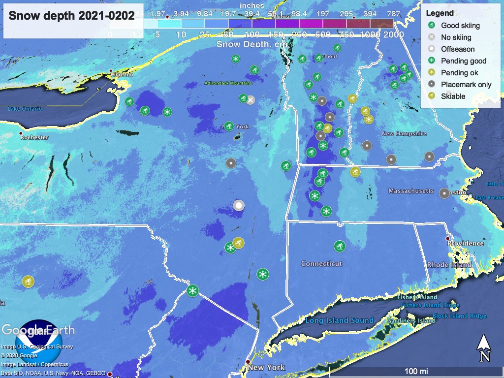 Snow depth northeast US,Feb. 2 2021