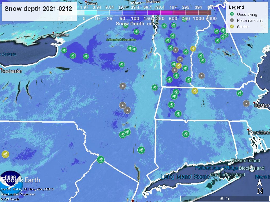 Snow depth northeast US, Feb. 12 2021 (NWS) , with ski centers marked