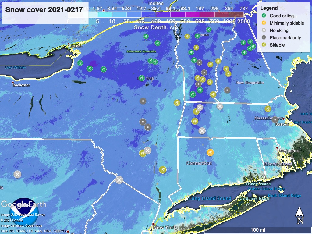 Snow depth northeast US, Feb. 17 2021 (NWS) , with ski centers marked