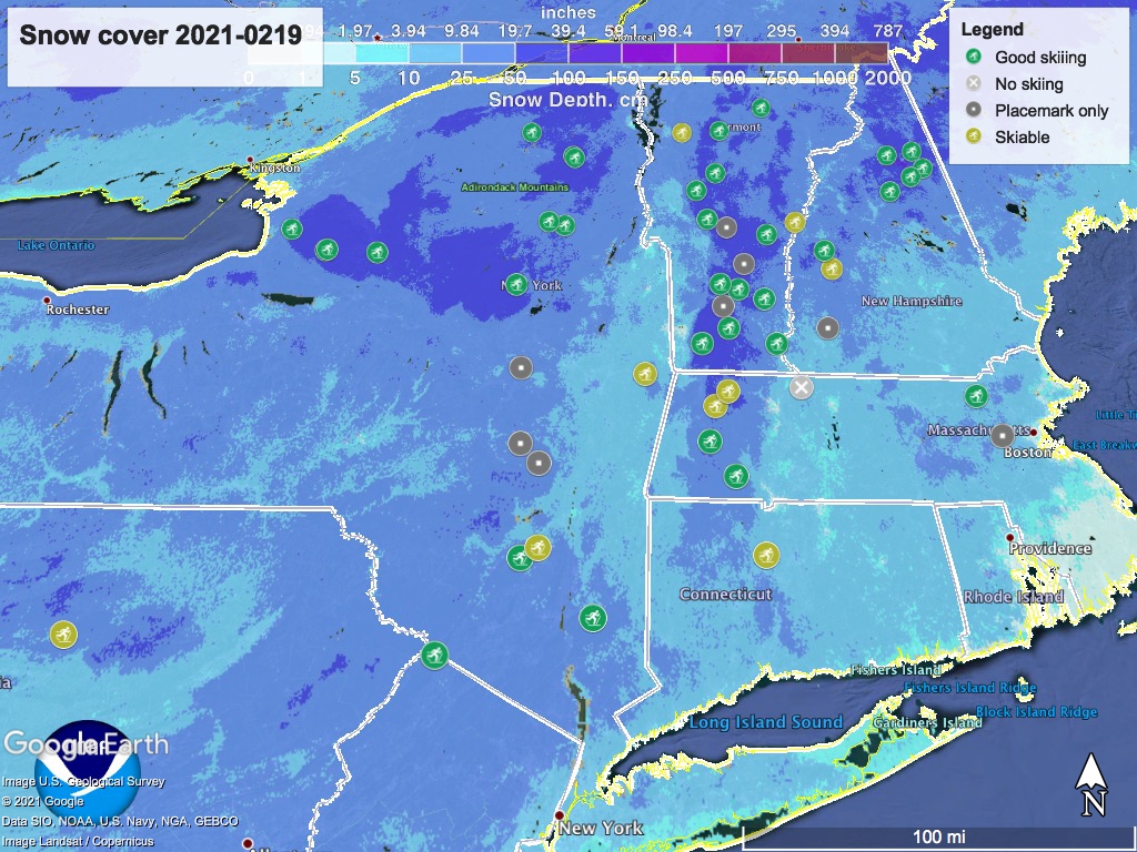 Snow depth northeast US,Feb. 19 2021 (NWS) , with ski centers marked