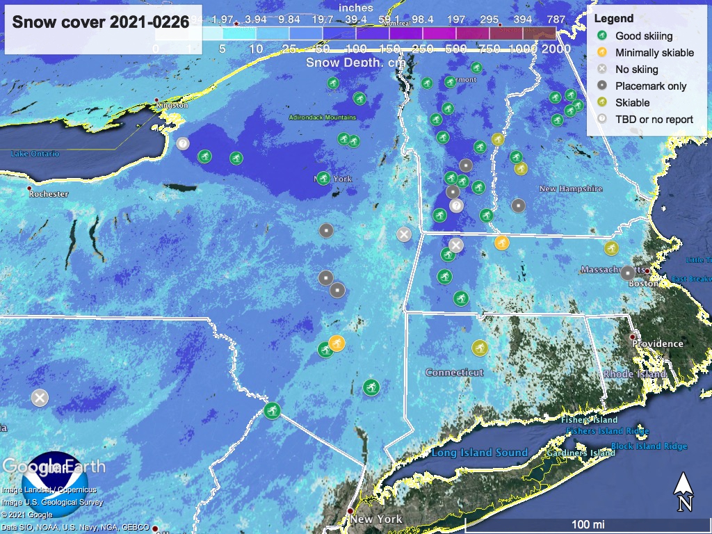 Snow depth northeast US,Feb. 26 2021 (NWS) , with ski centers marked