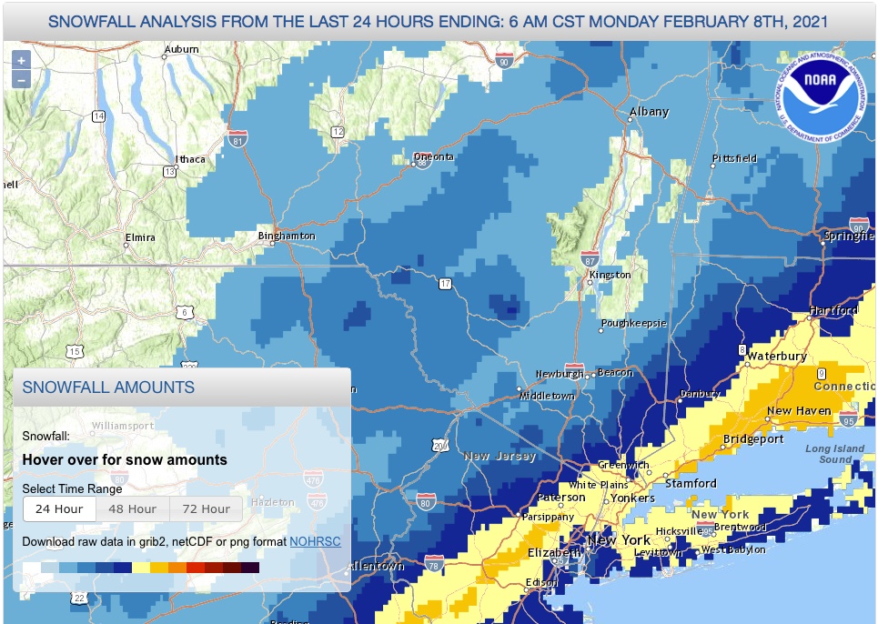 Snowfall analysis for NY metro region for 24 hrs ending Feb. 8, via NOAA