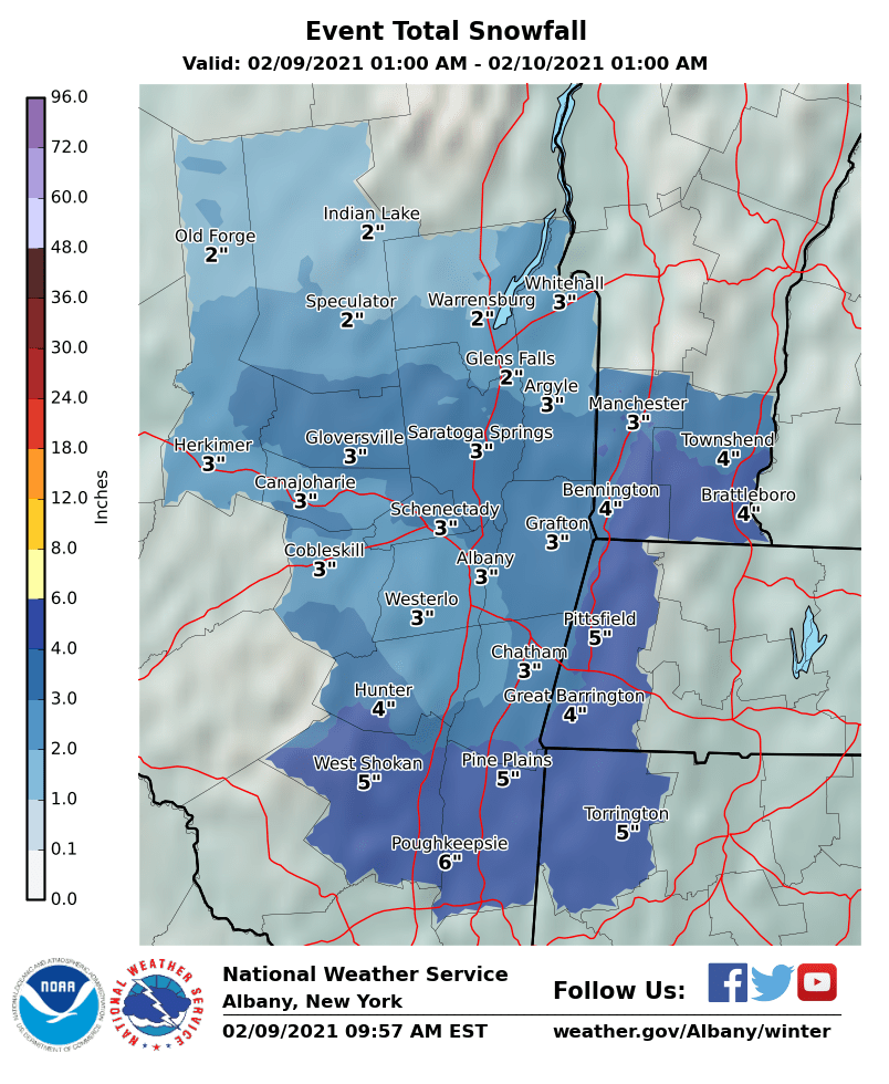 Predicted snowfall totals from Catskills to southern Adirondacks, Feb. 9 2021 (NWS)