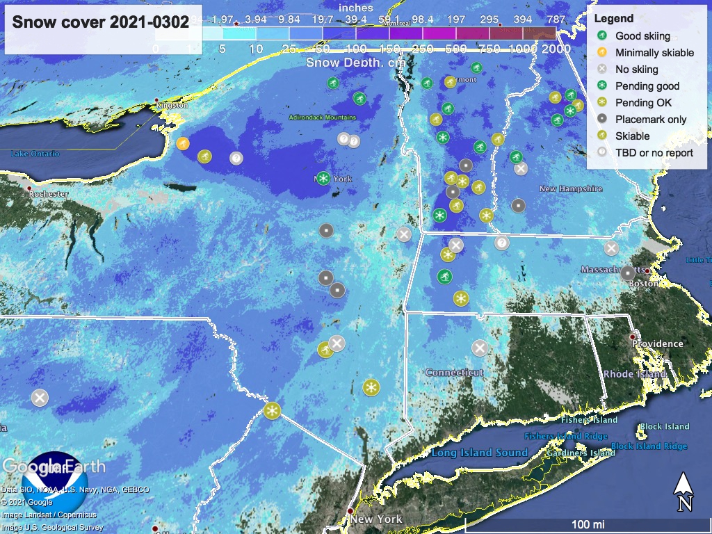Snow depth northeast US, Mar. 2 2021 (NWS) , with ski centers marked
