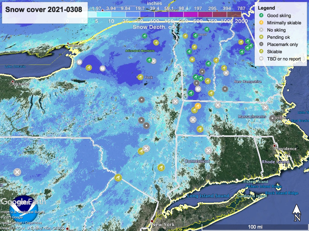 Snow depth northeast US, Mar. 8 2021 (NWS) , with ski centers marked