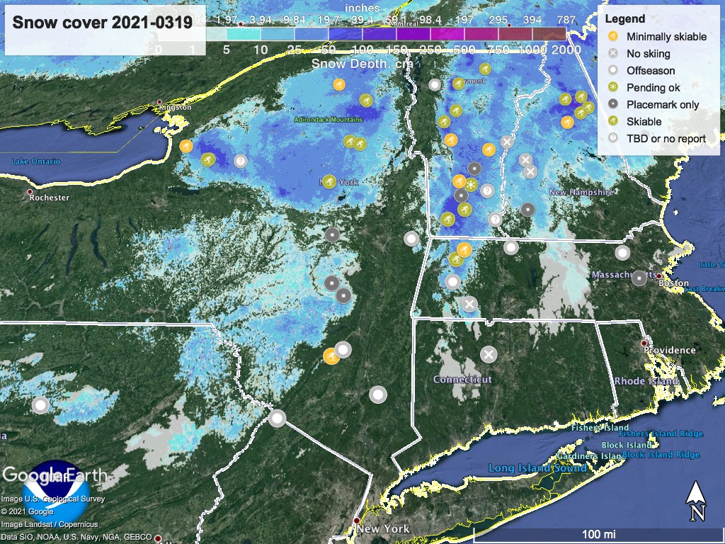 Snow depth northeast US, Mar. 19 2021 (NWS) , with ski centers marked