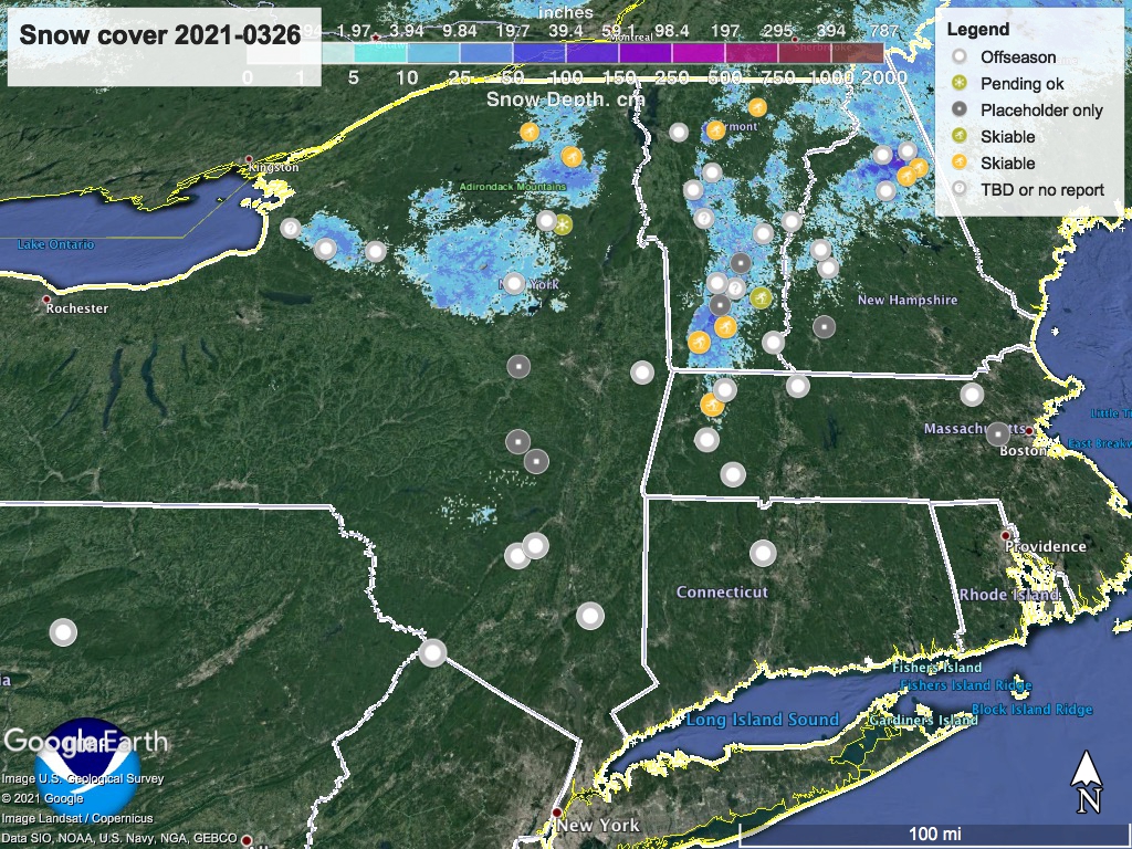 Snow depth northeast US, Mar. 26 2021 (NWS) , with ski centers marked