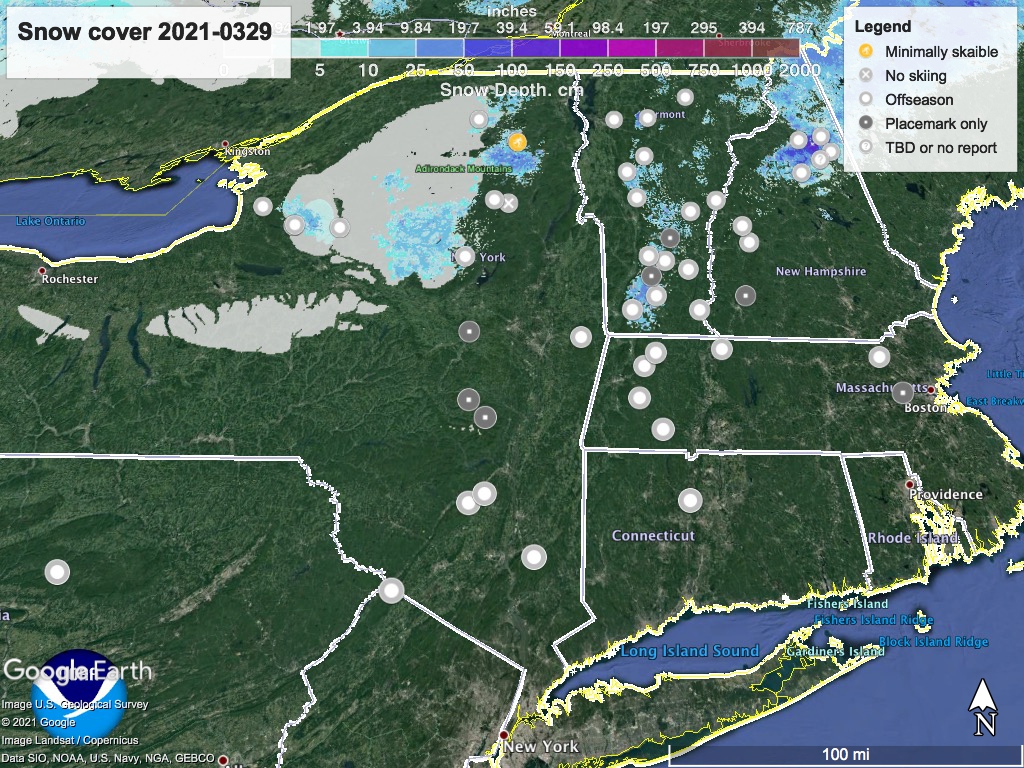 Snow depth northeast US, Mar. 29 2021 (NWS) , with ski centers marked