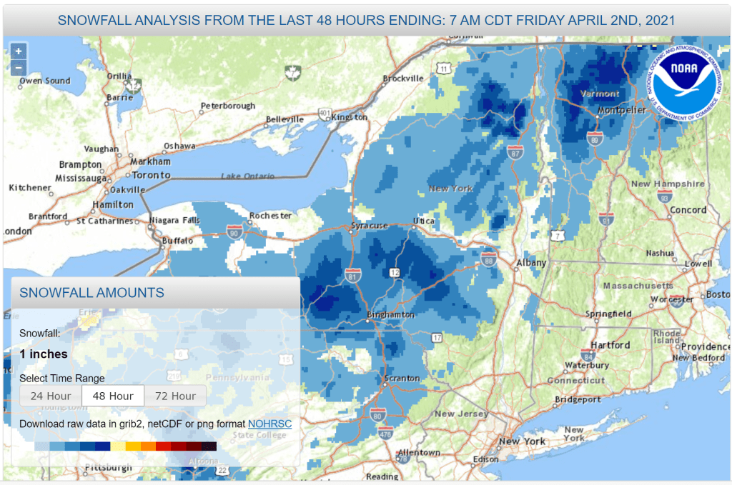 NOAA northeast US snowfall or 48hrs ending 12:00z, April 2 2021