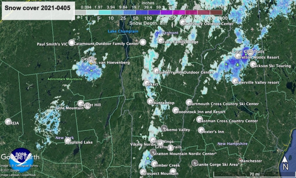 Snow depth northeast U.S., Apr. 5 2021, with ski touring centers marked