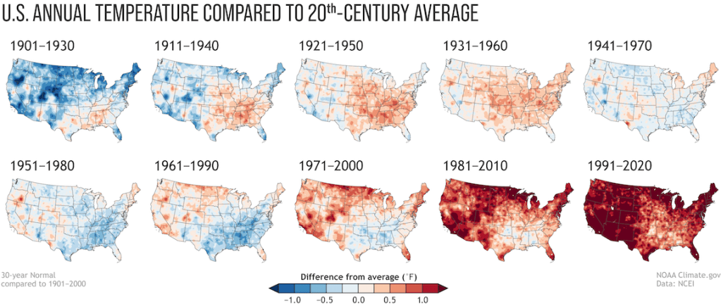 Annual U.S. temperature compared to the 20th-century average for each U.S. Climate Normals period from 1901-1930 to 1991-2020 (NOAA.gov)