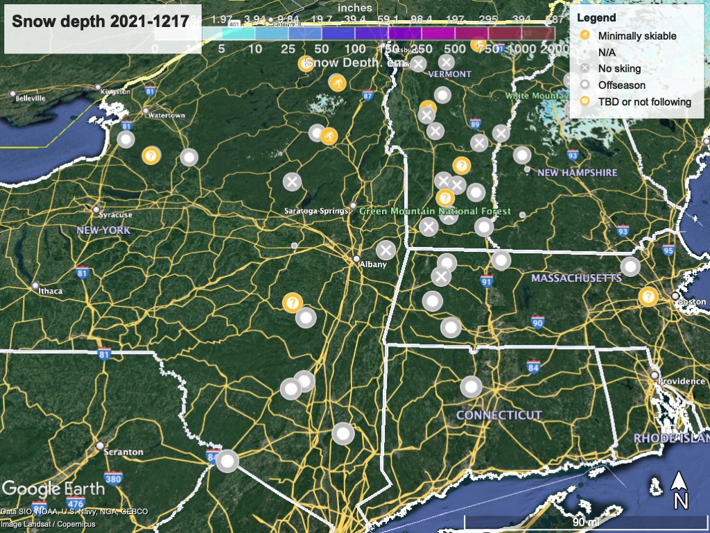 Snow depth northeast US, Dec. 17 2021 (NWS) , with ski centers marked