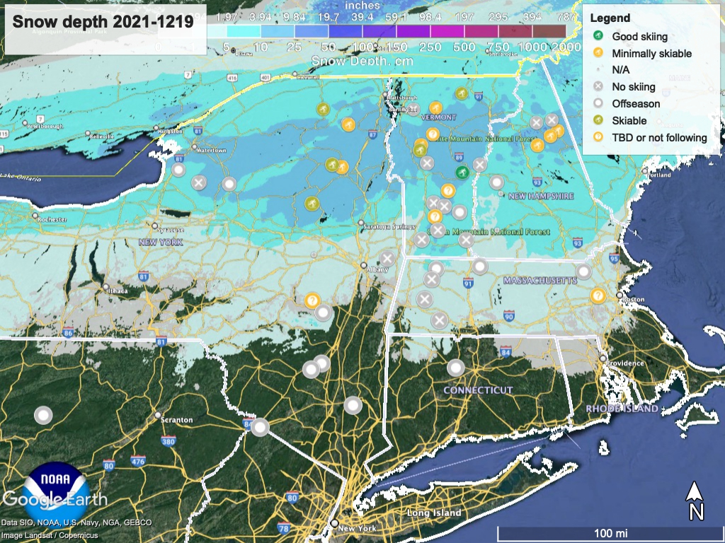Snow depth northeast US, Dec. 19 2021 (NWS) , with ski centers marked