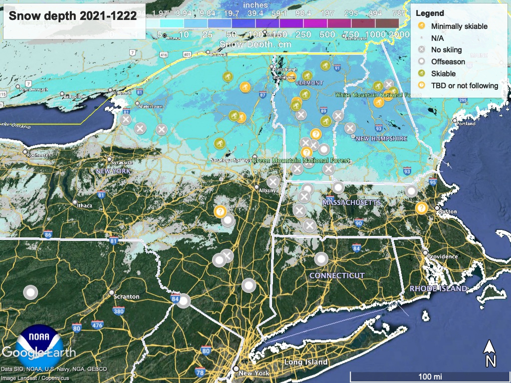 Snow depth northeast US, Dec. 22 2021 (NWS) , with ski centers marked