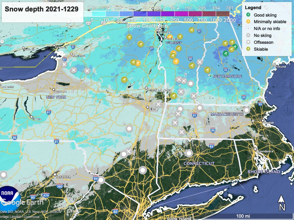 Snow depth northeast US, Dec. 29 2021 (NWS) , with ski centers marked
